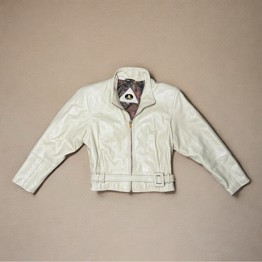 Metro Cropped Cream Leather Jacket with Belted Waist